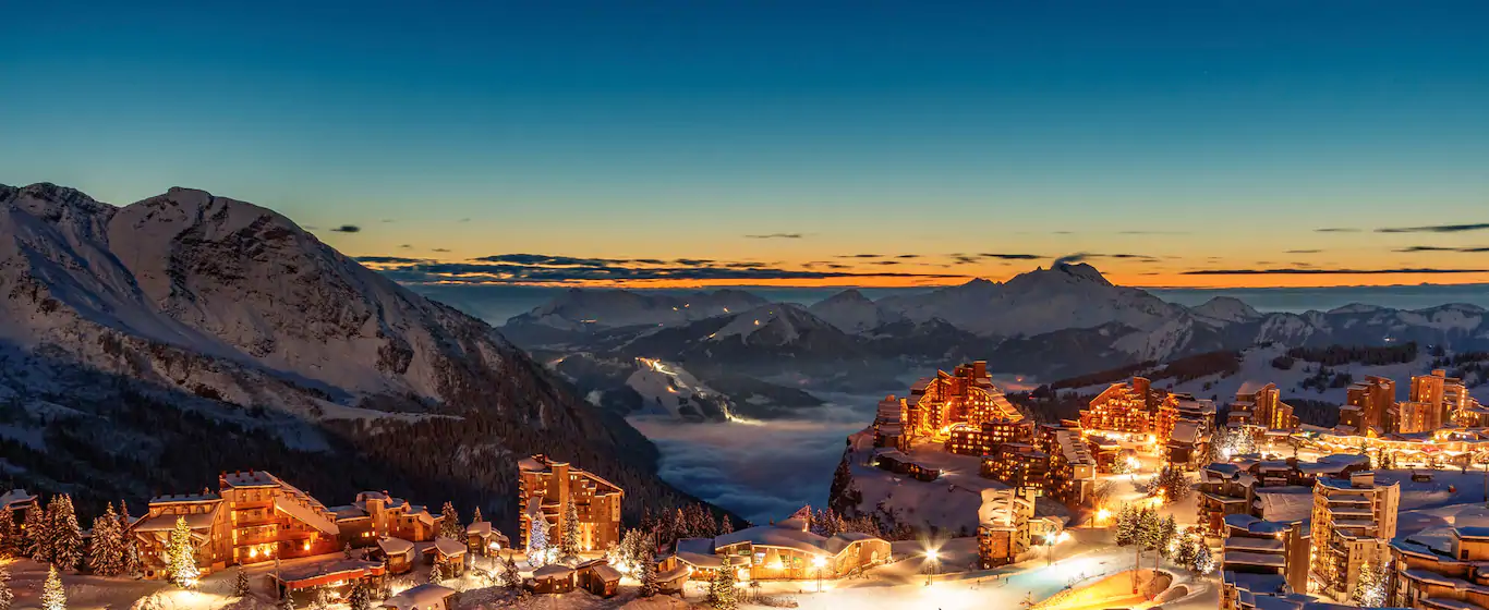 Avoriaz town snow sunset